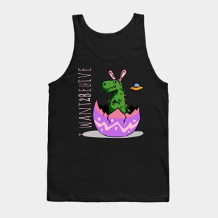 Funny Cute little dinosaur with rabbit bunny ears UFO i want to believe live mistake egg easter t-shirt Tank Top